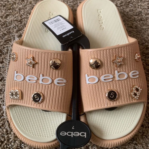 bebe Shoes - NWT Cute Bebe Beige Slide Sandals with Gold Embellishments Size 7